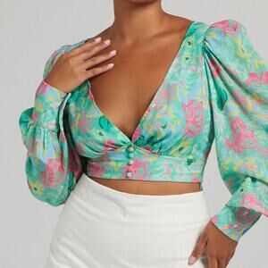 Cider Floral Print Deep V Neck Puff Sleeve Crop Blouse Green Womens Size Medium